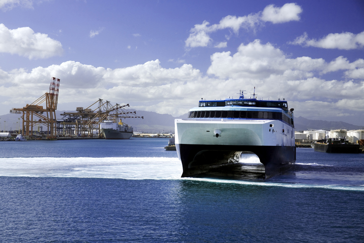 Hawaii Superferry in the Honolulu harbor, carrying both passengers and cars.